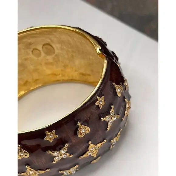 Bronze Enamel Gold & Crystal Kenneth Jay Lane Hearts & Star Bangle Bracelet - Picture 13 of 16
